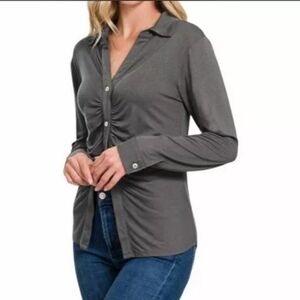 ZENANA‎ Shelly Runched Button-Down LS Top In Gray Size Small NWOT